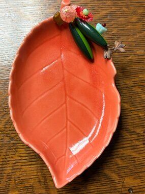 Artisan Coral Ceramic Leaf Dish with Jeweled Floral Embellishments